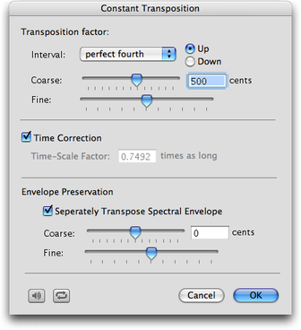 Panneau de r&eacute;glage pour la transposition constante avec correction temporelle