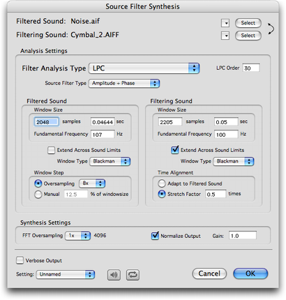 Panneau de r&eacute;glage &ldquo;Source Filter Synthesis&rdquo;