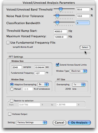 Panneau de r&eacute;glage &ldquo;Voiced/Unvoiced Analysis&rdquo;