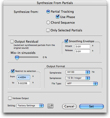 Panneau de r&eacute;glage &ldquo;Synthesize From Partials...&rdquo;