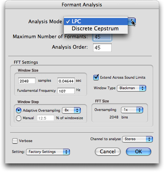 Panneau de r&eacute;glage &ldquo;Formant Analysis&rdquo;