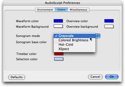 Pr&eacute;f&eacute;rences des couleurs d'affichage du sonagramme