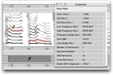 Deux traits de crayon et l'&eacute;l&eacute;ment de piste correspondant : le premier trait est s&eacute;lectionn&eacute; et l'inspecteur correspondant
