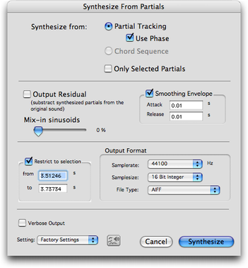 Panneau de r&eacute;glage &ldquo;Synthesize From Partials...&rdquo;
