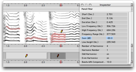 Un calque de crayon harmonique et l'inspecteur attach&eacute; au trait de r&eacute;f&eacute;rence (ici, le premier)