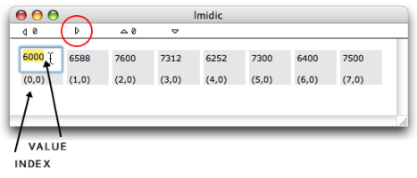 Editing the first value of the "midic" slot : the pitch of the first chord. Notice the navigation arrows on the top of the editor.